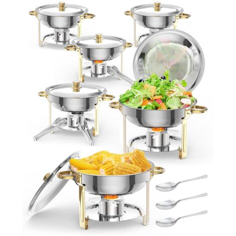 Lot de 6 Chauffe-plat professionnel en acier inoxydable doré 5L, pour buffet, banquet, mariage, fêtes,Réchaud à alcool inclus