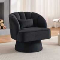 Fauteuil Pivotant en Velours, Fauteuil Rond Moderne, Chaise Coiffeuse en avec Dossier Ouvert, Fauteuil Salon Incurvé en Base Pivotante, pour Chambre, Salon, Noir