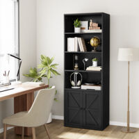 Bibliothèque 5 étages style farmhouse - Portes coulissantes verre - Rangement salon/bureau 180x80x30cm - noir