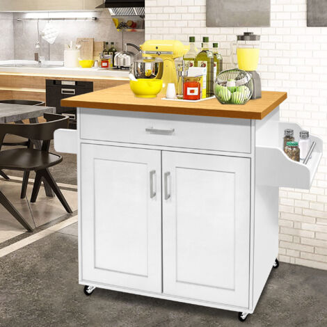 Carrello Da Cucina Bianco Con Ruote - Mobile Multifunzione Con Piano Legno, Portasciugamani E Portaspezie 115x90x36 Cm - Foto 10
