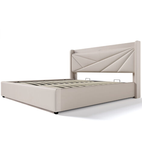 Letto Matrimoniale Imbottito 160x200 Cm Con LED RGB, Porta USB E Contenitore - Tessuto Lino Grigio, Senza Materasso