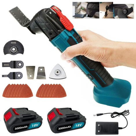 Multifunktionswerkzeuge,Kabelloses, bürstenloses, oszillierendes Multitool, Schleifer, Cutter, Schleifer, Säge, 6-Gang-Klinge als+ 17-teiliges Zubehör + 2x3,0-A-Akku + Ladegerät,Kompatibel mit Makita-