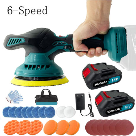 Polierer, 21 V, 6 Zoll, kabelloser Autopolierer, Pufferschleifer, 6 Geschwindigkeiten, elektrischer Reiniger + Pads + 2 x 3,0 A Akkus + Ladegerät, kompatibel mit Makita 18 V Akku