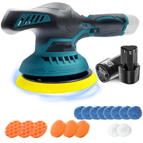 Polierer, kabelloser Auto-Puffer-Polierreiniger, 6-Zoll-tragbares Polierwachsmaschinen-Set, 6 Geschwindigkeiten, 125-mm-Basis für die Autopflege, mit 2 Stück 12 V 3,0 Ah-Batterie, 16 Stück Aufsätzen