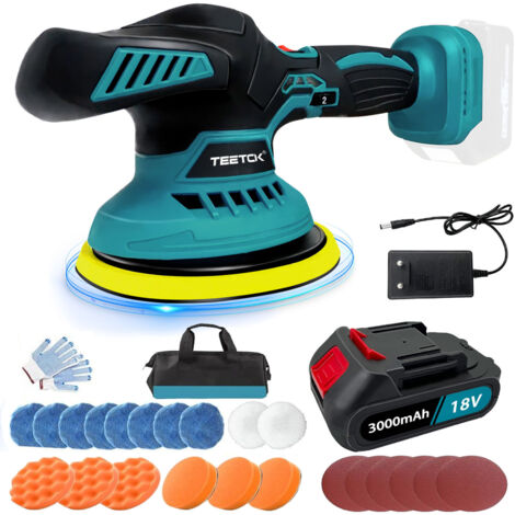 Polierer, 4,9 Zoll Akku-Polierer, elektrischer Autoschleifer, 6 Geschwindigkeiten, 125 mm Polieren, 18 Pads, + 1 x 3,0 Ah Akku + Ladegerät, kompatibel mit Makita-Akku