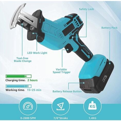 Wowspeed Säbelsäge Kabellos 21V - 4000 U/min Mit 2 Akkus & 8 Sägeblättern