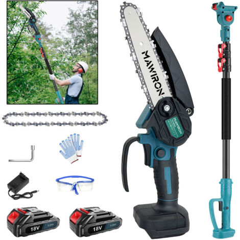 2-in-1-Bürstenlose Akku-Kettensäge, Beschneiden mit großer Reichweite, Mini-Kettensäge mit 2 Ketten, 2 x 3,0-A-Akku + Ladegerät, kompatibel mit Makita-Akku