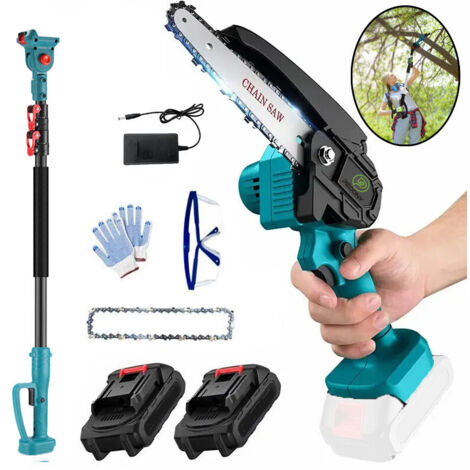 6-Zoll-Akku-Kettensäge, 2-in-1 ausziehbare elektrische Kettensäge, Baumschere mit 2 Ketten, 2x3,0-A-Akku und Ladegerät, kompatibel mit Makita-Akku