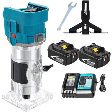 Trimmfräsen, bürstenloses 850-W-Akku-Fräswerkzeug, elektrischer 1/4-Zoll-Handholzschneider mit 6 Geschwindigkeiten + 2 x 5500-mAh-Akku + DC18RC-Ladegerät, kompatibel mit 18-V-Makita-Akku (1/5)