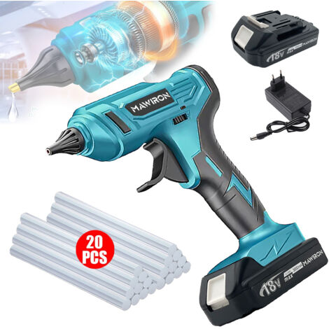 Klebepistole, 100 W kabellose elektrische Heißklebepistole mit 20 Stück 11-mm-Klebestiften, 2 Stück 3,0-A-Akku + Ladegerät, kompatibel mit Makita-Akku