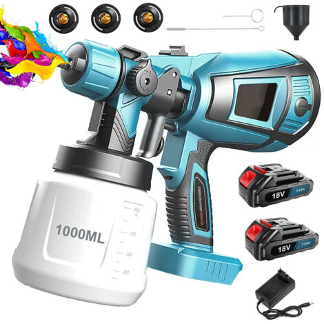Sprühfarbe, 1000 ml kabellose Handspritzpistole HVLP-Farbspritzpistole Farbpistolen 3 Sprühmuster, für Zäune, Schuppen, Terrassendielen, Gartenmöbel+2x 3,0 A Akku+Ladegerät, kompatibel mit Makita-Akku