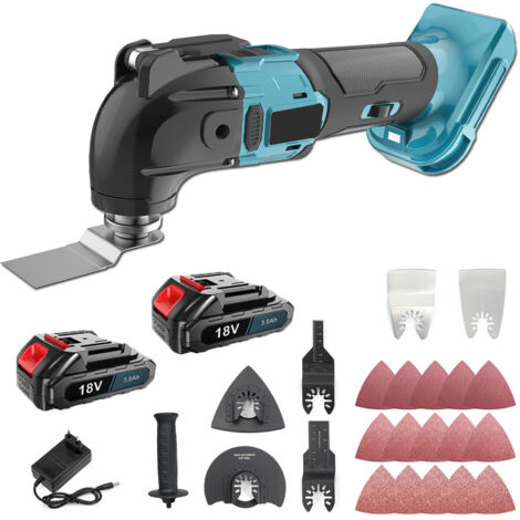 Oszillierende Multifunktionswerkzeuge, kabelloses bürstenloses Multifunktionswerkzeug mit schlüssellosem Sägeblattwechsel, Schleifer, Schaber, Säge+2 Akkus 3,0A +Ladegerät, kompatibel mit Makita-Akkus