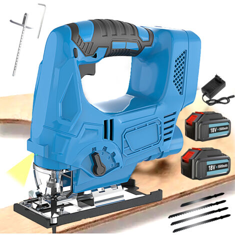 Stichsägen, bürstenlose Akku-Stichsäge, 2 x 5,5 A Akku und Ladegerät, 4 Geschwindigkeiten, ± 45 ° Abschrägung, 4 Sägeblätter, zum Schneiden von Kunststoff, Holz und Stahl, kompatibel mit Makita-Akku (1/5)