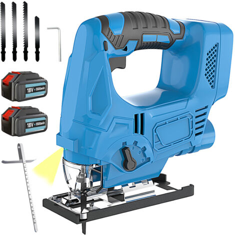 Holzsägen, Akku-Stichsäge ohne Bürsten, 4 Sägeblätter, 4 variable Geschwindigkeiten, Gehrungsschnitt von 0°-45°, LED-Arbeitsleuchte, 2 x 5,5 A Akku + Ladegerät, kompatibel mit Makita-Akku (1/5)