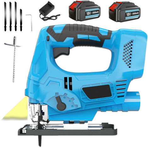 Zubehör für Stichsägen, bürstenloser Akku-Stichsägenschneider zum Schneiden von Holz, 4 Sägeblätter, 4 Geschwindigkeiten, 0°-45°, LED-Arbeitsleuchte, 2x 5,5A Akku+Ladegerät, kompatibel mit Makita-Akku (1/5)