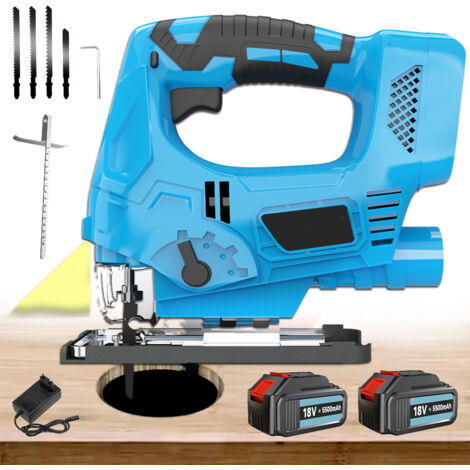 Stichsägen, Akku-Stichsäge ohne Bürsten, 4-Gang-Stichsäge für Holz, Metall und Kunststoff mit 4 Schneidblättern, LED-Arbeitsleuchte, ± 45 °, 2 x 5,5 A Akkuladegerät, Kompatibel mit Makita-Akku (1/5)