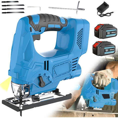 Stichsäge, kabellose bürstenlose Stichsägen, elektrische Stichsägen, 4 variable Geschwindigkeiten, 4 Sägeblätter, 0°-45°, LED-Arbeitsleuchte, 2x 5,5-A-Akku + Ladegerät, kompatibel mit Makita-Akku (1/5)