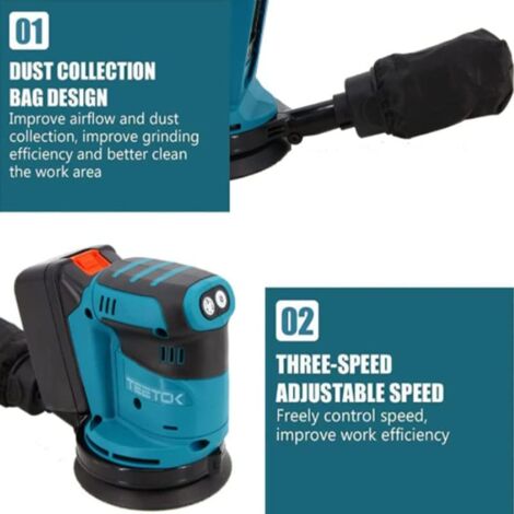 Levigatrice Orbitale A Batteria 18V, ø125mm, 3 Velocità 7500/9500/12000 Opm, Compatibile Con Batterie Makita, Velcro, Con 4 Carte Abrasive