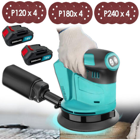 Levigatrice orbitale casuale senza spazzole senza fili, 125 mm, 3 velocità, contenitore per la polvere e 12 dischi + 2 batterie da 3.0 Ah + caricabatteria, compatibile con batteria Makita