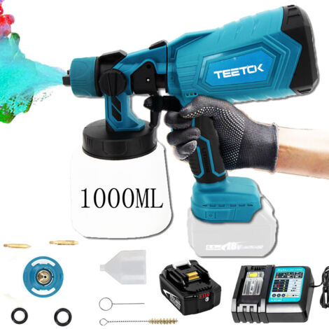Set di sistemi di verniciatura a spruzzo a batteria Pistola a spruzzo di vernice elettrica Pistola a spruzzo di vernice 1000 ml compatibile con batteria Makita 18V LXT + 5,5 A + caricabatterie DC18RC