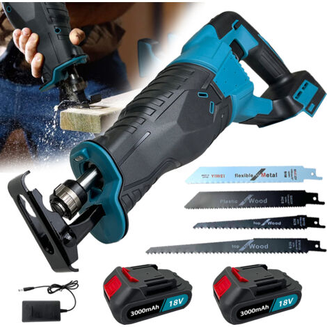 Seghetto alternativo senza fili, velocità 3500RPM, con luce di lavoro a LED e 4 lame, sega elettrica per taglio di legno e metallo, + 2batterie 3,0 A + caricabatterie, compatibile con batteria Makita