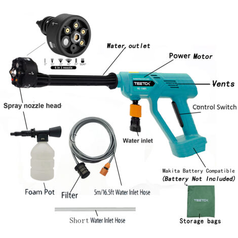 Batteria portatile per idropulitrice per auto, pistola per pulizia senza fili, getto d'acqua, ugello 6 in 1 + 2 batterie da 5,5 A + caricabatterie, compatibile con batteria Makita