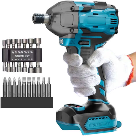 Avvitatori a percussione, trapano avvitatore a percussione elettrico senza fili da 1/4", 420N.M, 10 punte per trapano, 14 bussole per chiavi inglesi (senza batteria), compatibili con batteria Makita