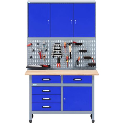 Kupper – Établi avec panneau perforé 704247 – Dimensions 120 x 60 x 84 cm – 5 tiroirs et 1 porte – Pour rangement outils optimisé