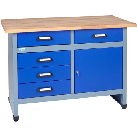 Küpper établi modèle 12047, l. 120 cm, 1 porte, 5 tiroirs,  bleu outremer