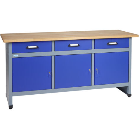Kupper – Établi 12157 170x84x60 cm – 3 tiroirs – 2 portes verrouillables – Charge max. 300 kg – Plan de travail hêtre massif 30 mm