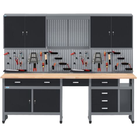 Ensemble d'établi Küpper 70412-9, largeur 240 cm, établi avec plateau en hêtre massif, armoire suspendue, 2 panneaux perforés avec 12 crochets métalliques standard inclus