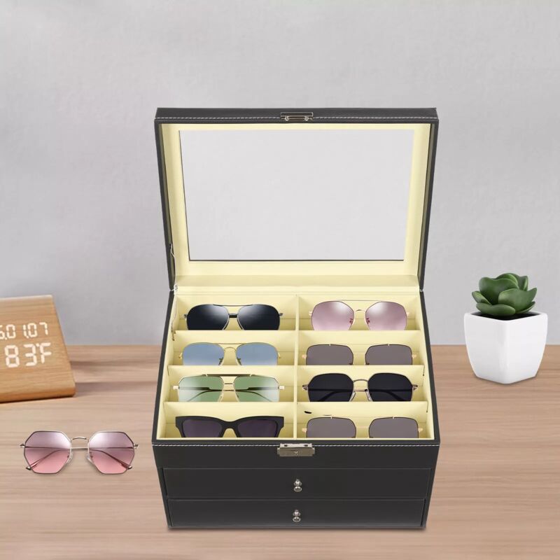 Brillenbox Aus Holz Mit 8 Fächern – Transparentem Deckel, Für Sonnenbrillen & Schmuck