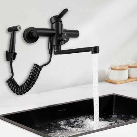 Wasserhahn mit Spritzpistole, Edelstahl Wandarmatur Küchenarmatur Wandmontage Wand Schwenkbarem Spültischarmatur Einhebelmischer 360° Drehbar Auslauf Spülbecken, Schwarz