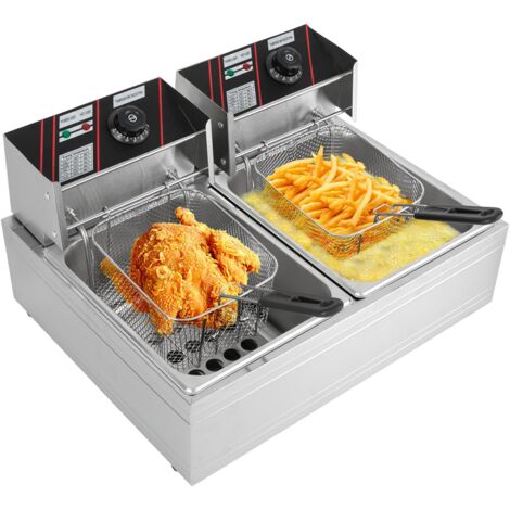 Friteuse Edelstahl, 5000W Elektrische Doppel Fritöse mit Frittierkorb und Edelstahldeckel Profi Fritteuse Multi Funktions Fettbackgerät 12L Handelsfritteuse für Frites und Snacks
