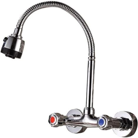 Wasserhahn Küche 360 ° Drehbare, Auslauf Wandmontage Mischbatterie Küchenarmatur Gebürstetes Nickel Kalt Heiß Einhebelmischer Zwei Löcher Edelstahl Küchenarmatur (1/5)