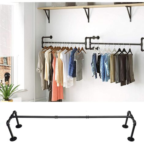 Kleiderstange Wandmontage Industrierohr Kleiderstangen 115cm, Garderobenstange Wandmontage Industrial für Schlafzimmer Wohnzimmer, Schwarz