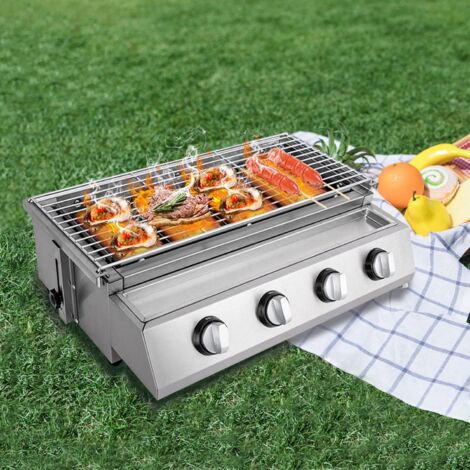 Silber Gasbräter Gasgrill, 4 Brenner BBQ Tischgrill Edelstahl