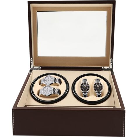 Uhrendreher Uhrenbox, Automatische Uhrenbeweger Box 100-240V Uhrenbeweger für 4 Automatikuhren + 6 Gitter Uhrenspeichergehäuse Leiser Motor Braun