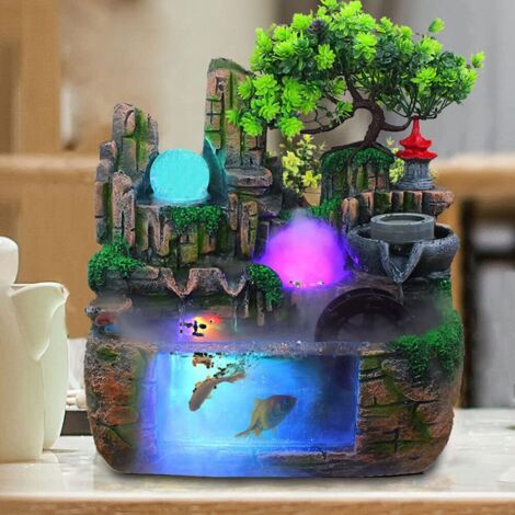 Zimmerbrunnen mit LED Beleuchtung, Steingarten Wasserbrunnen Desktop Chinesische Fengshui Lampe Zimmerbrunnen Wasserfall Büro Haus Dekorieren Grün