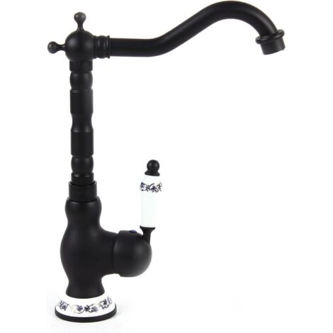 Retro Wasserhahn Für Bad & Küche – Messing, Schwarz Lackiert, 2 Griffe, Keramikventil, Mit Anschluss-Schläuchen