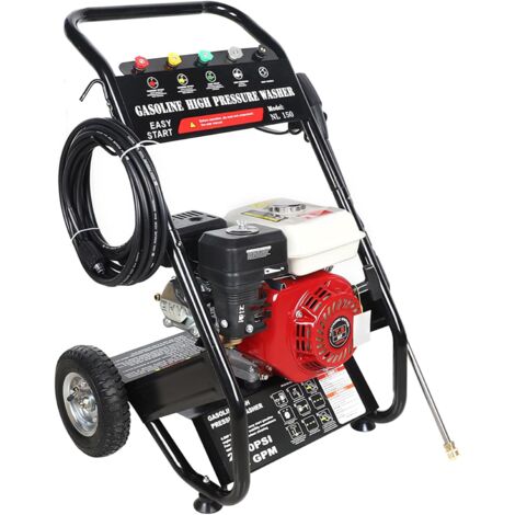 Power Equipment Benzin Hochdruckreiniger, Terrassenreinger, Hochdruckpistole, 7.5 PS Viertaktmotor, 5 Düsenaufsätze, 8m Schlauch, 2m Wasserzulaufschlauch, Vollgummiräder,170-190Bar, 2200PSI