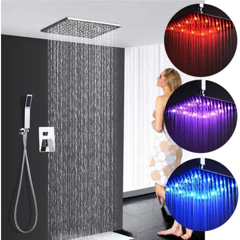 Unterputz LED Regendusche Duschkopf 300 300mm RGB Regendusche Deckenbrause Unterputzarmatur Farbewelchseln nach Wassertemperatur Brausegarnitur Duschset Handbrause