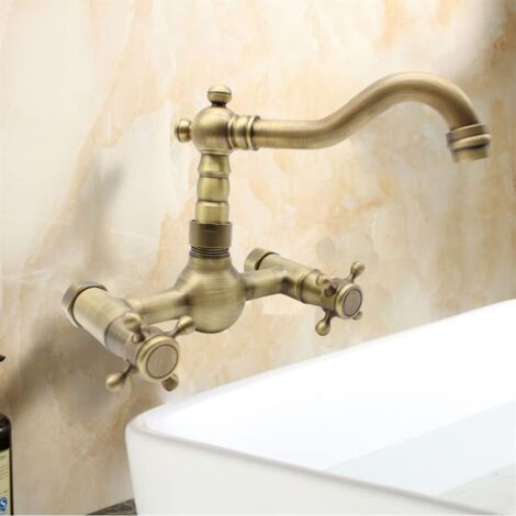 Retro Antik Wandarmatur mit Kreuzgriffen Mischbatterie Wandmontage Wasserhahn Bad Küchenarmatur Mit Heißes Kaltes Wasser Anschlussschläuchen (1/5)