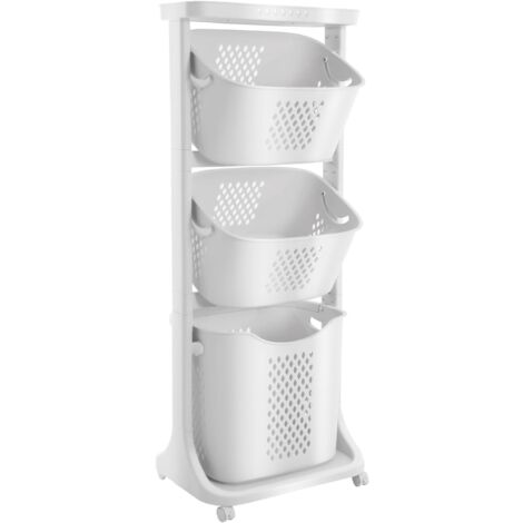 Wäschekorb 3 Fächer mit Rädern, Korb für Schmutzige Wäsche, Wäschekorbwagen Mehrstöckig Kunststoff Wäschekorb, Laundry Basket Kunststoffkorb für Wäsche Wäschebox Wäschesammler, Weiß
