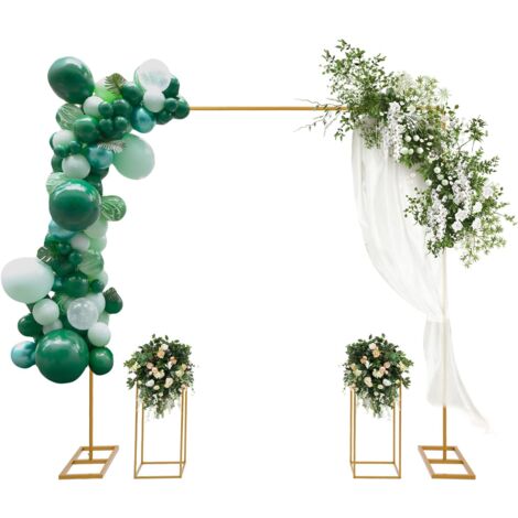 Metall Hochzeitsbogen Hintergrund Ständer, 22m Ballon Bogen Gestell und 2 Stück Rechteckige Hochzeitsvase Säule Blumenständer Hochzeit Rahmen Set für Geburtstagsparty Verlobung Deko (Gold, 24x24x60cm)