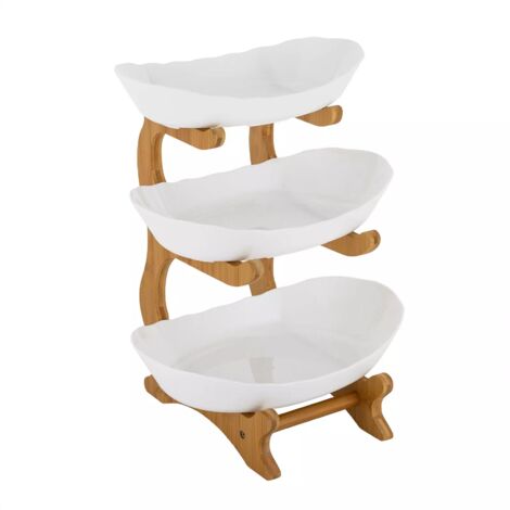 3 Etagen Obstkorb Etagere aus Bambusholz, Küche Bambusholzständer mit Rutschfester Boden, Kategorien einordnen, Yuanbao Obstschale für Aufbewahren Obst Süßigkeiten Kuchen (Weiß) (1/5)