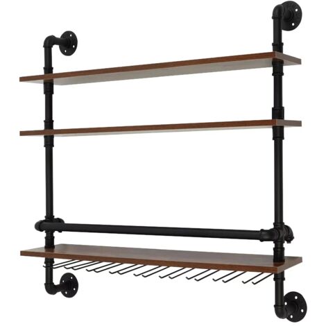 Weinregal, Industriestil Wandmontiertes Wandregal Vintage Weinflaschenhalter Hängeregal Holz Bar Regal mit Glashalter für Küche Esszimmer Bar (92x20x89cm)