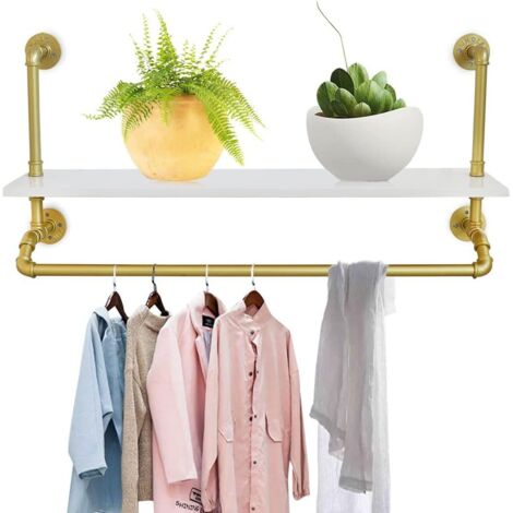 Kleiderstange zur Wandmontage, Wandgarderobe mit Regal im Industrierohrstil, Wandgarderoben Kleiderstange für Schlafzimmer Wohnzimmer, Flur, Badezimmer Gold