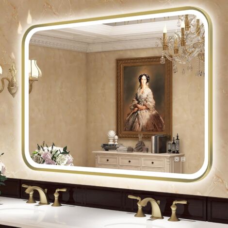 Miroir lumineux de salle de bain 100x70 cm – Éclairage LED désembuage – 3 températures de couleur – IP44 – Cadre en aluminium doré