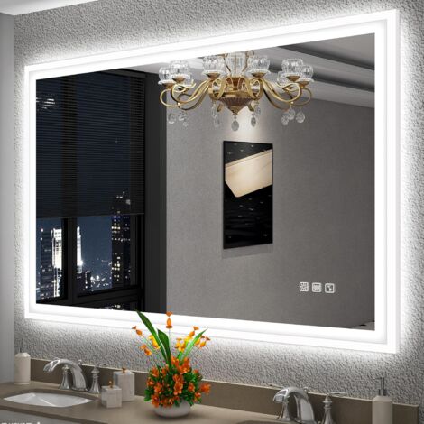 Miroir lumineux de salle de bain 100x70 cm – Bluetooth, désembuage, 3 couleurs, dimmable, cadre aluminium IP44